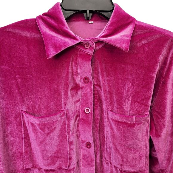 Women's Velvet Button-Down Shirt Blouse Fuchsia Pink Long Sleeve Size Large - Picture 3 of 9